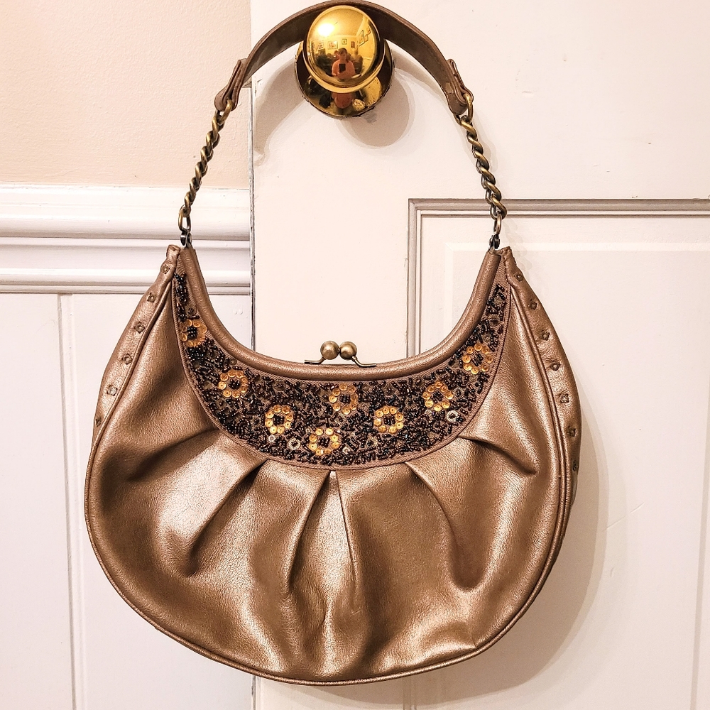 EUC Liz Claiborne Bronze Faux Leather Chain Accent Handbag w/ Floral Bead Detail